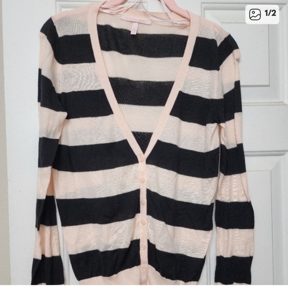 Victoria's Secret pale pink and black striped button-up cardigan. NWT Small